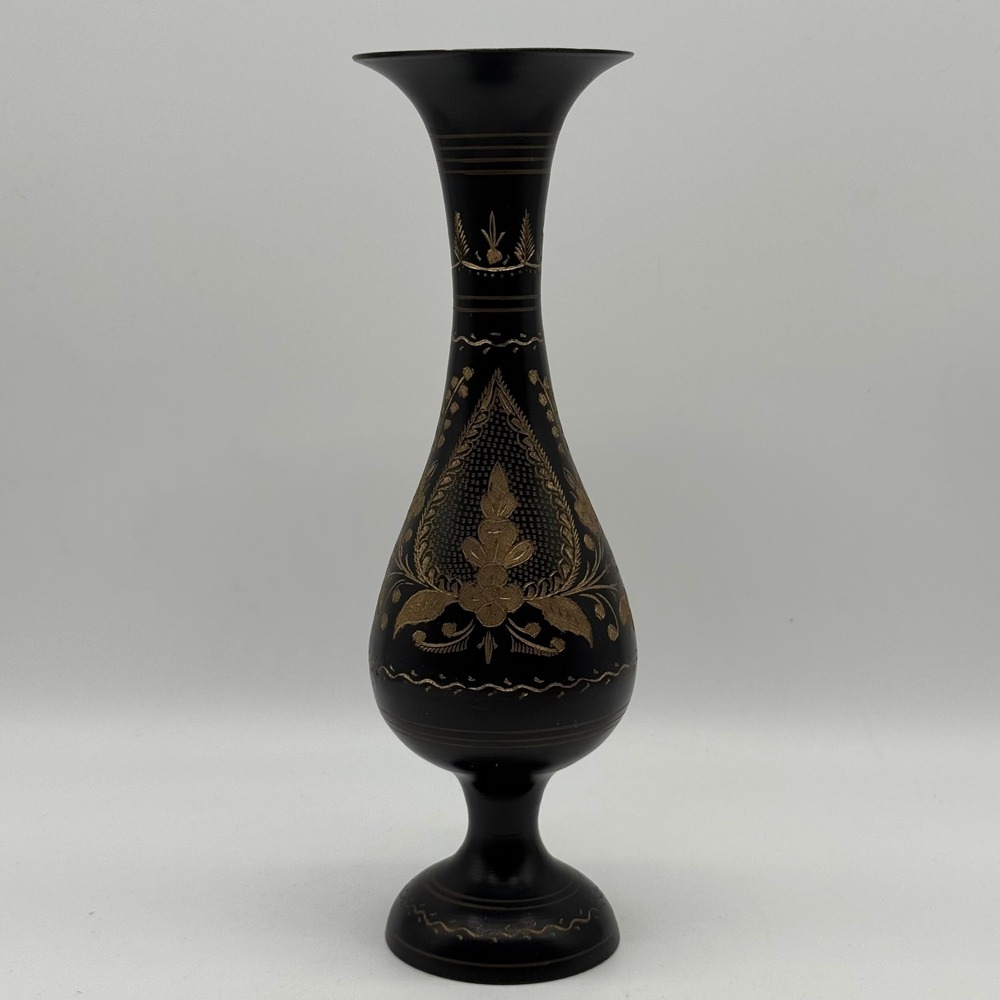 Vintage Black Enamel Etched Brass Vase Floral Trumpet Bud Vase Made in India 10"